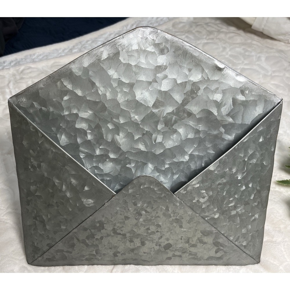 Galvanized Metal Wall Pocket Planter Envelope w/ Faux Succulents Home Decor - Picture 5 of 6